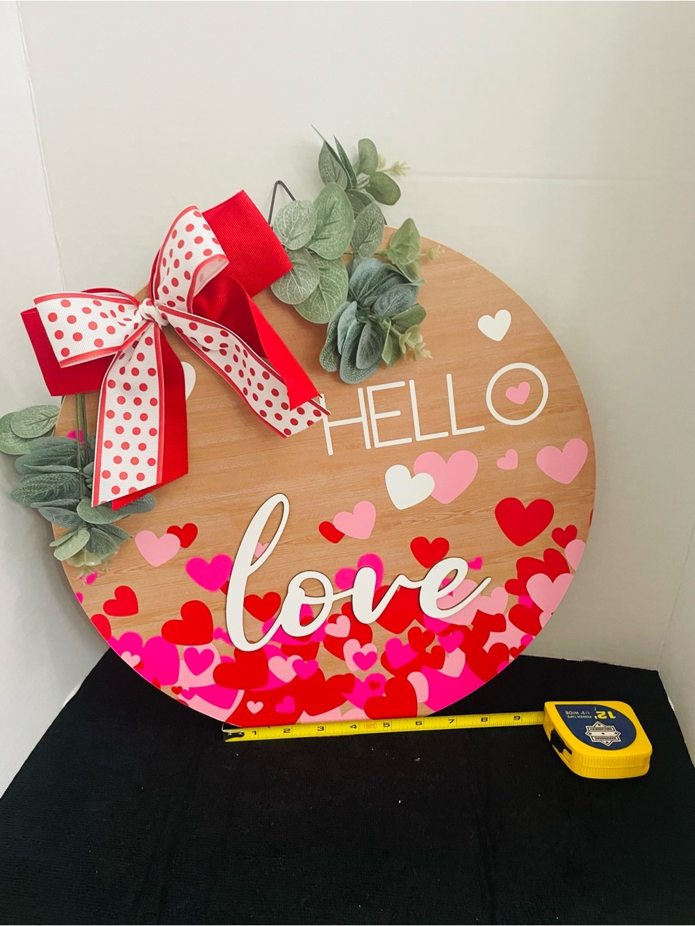 Hello Love Round Sign with Red & White Bow - Picture 3 of 6